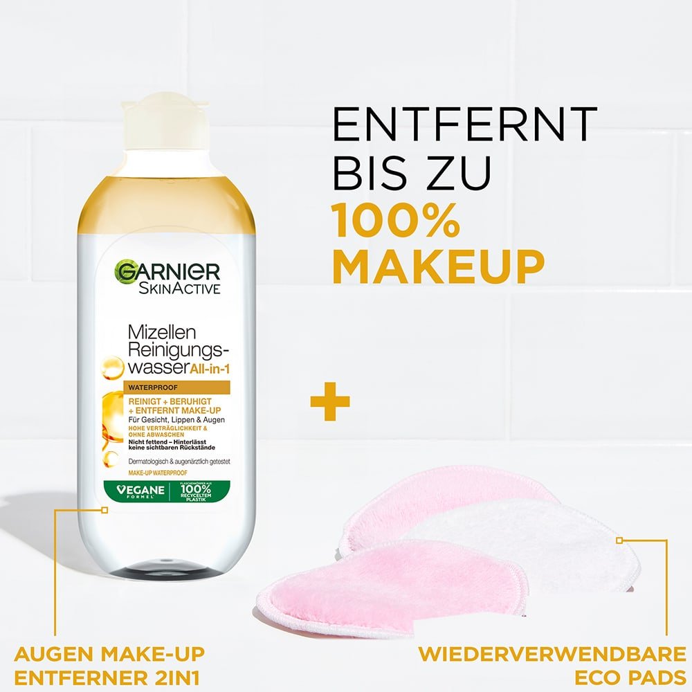 Garnier Mizellen Reinigungswasser All-in-1 Waterproof und Eco Pads